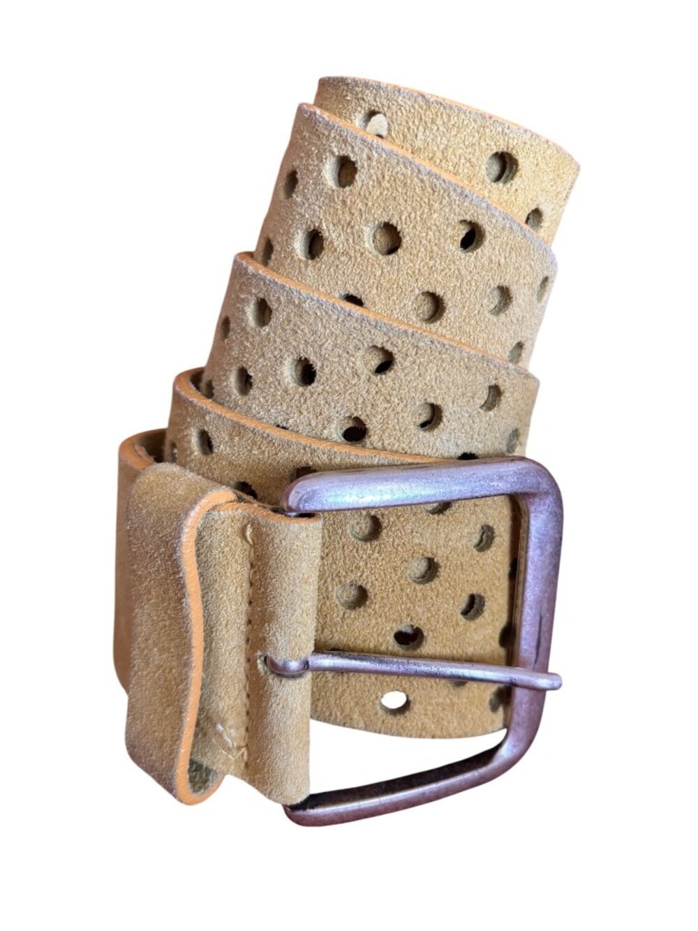 Vintage United Colors Of Benetton Perforated Yellow Leather Suede Belt Rare